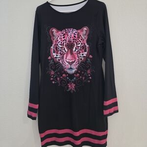 Black Long Sleeve Top with Pink Leopard Design